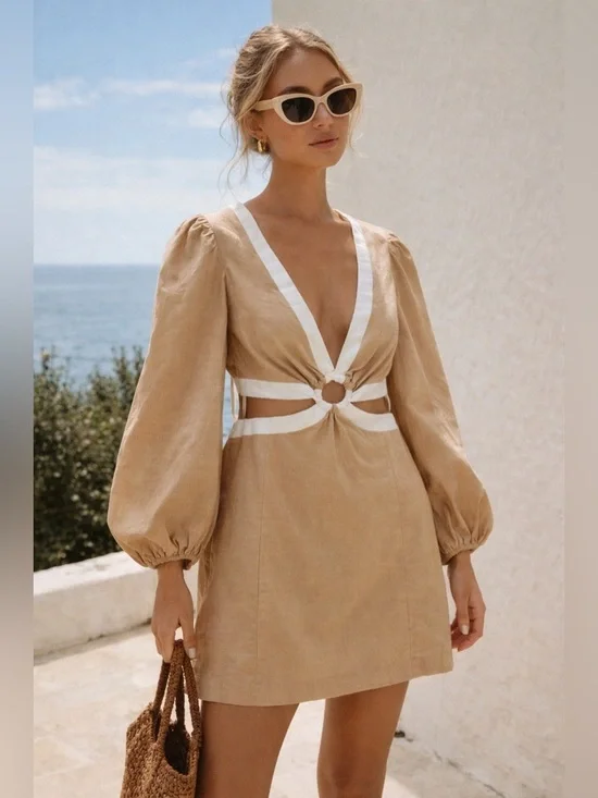 Petal + Pup Women’s Linen Blend Cutout Dress Beige White Tie Back Coastal Sz XS - Picture 1 of 13